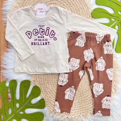 Conj. Blusa Manga Longa Tout Petit e Calça Legging Cachorrinhos - Areia e Marrom